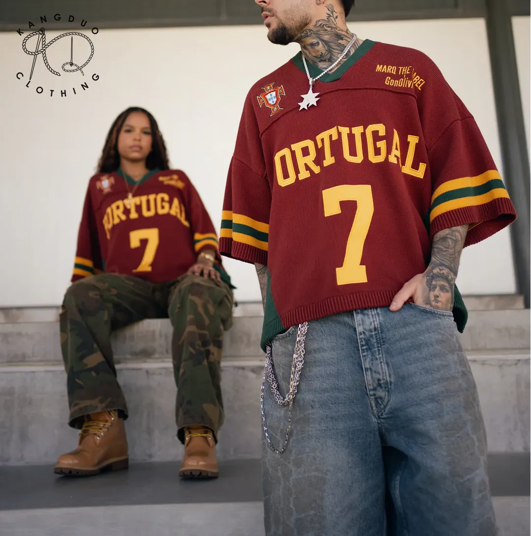 pull de football à manches courtes Portugal , tricot jacquard lettre brodé, maillot CR7